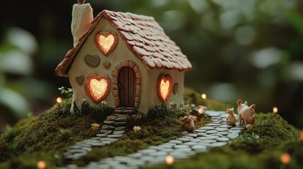 Poster - Miniature fairy house with heart windows and animal figurines