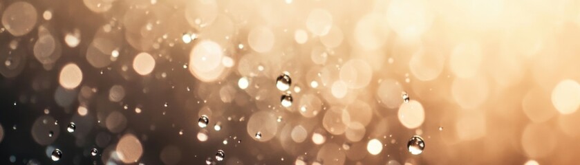Poster - Sparkling water droplets float against a blurred golden bokeh background