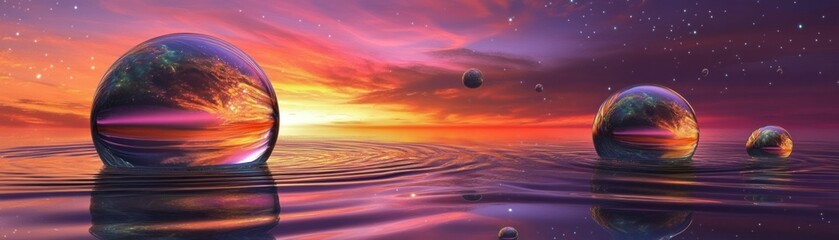 Poster - Orbs floating on reflective water surface under vibrant skies