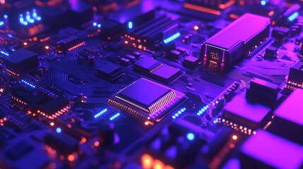 Poster - Intricate detail shows illuminated computer motherboard with chips and components