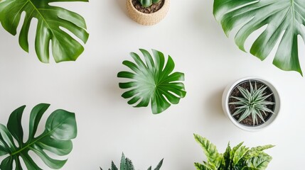 Poster - Assorted potted plants and monstera leaves arranged on white surface