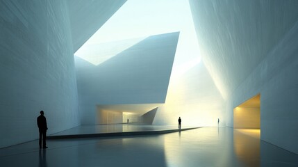 Poster - Abstract building interior with skylights and figures contemplating space