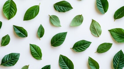 Poster - Pattern of fresh green leaves scattered on white background