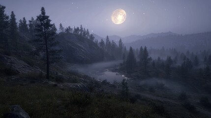 Poster - Full moon illuminates foggy mountain landscape with serene beauty
