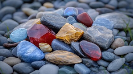 Poster - Colorful translucent stones rest among smooth gray beach pebbles