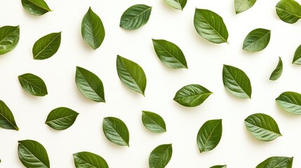 Poster - Fresh green leaves are arranged neatly on a white surface