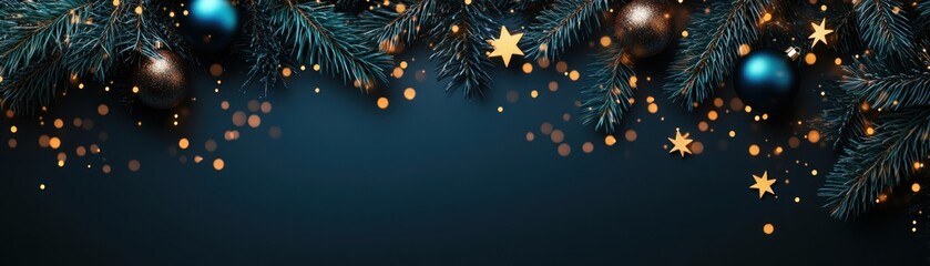 Poster - Festive christmas decoration with ornaments and lights on dark background