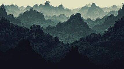 Aufkleber - Rolling mountain range layered with thick forests and pale sky