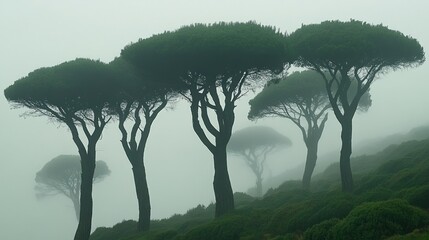 Poster - Stone pine trees stand shrouded in mist along a hillside