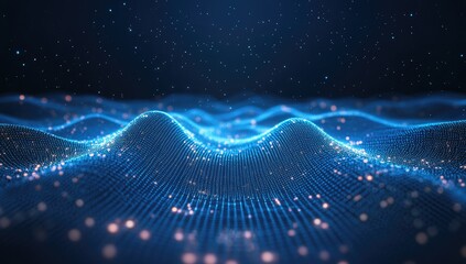 Poster - digital wave particles flowing, dark background, technology, abstract concept