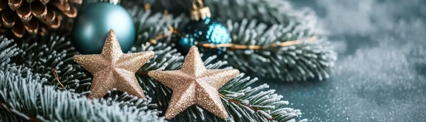 Poster - Holiday decorations of stars ornaments and pine branches winter scene