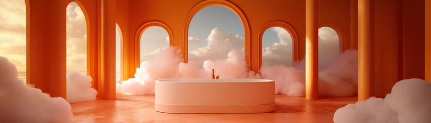 Poster - Bathtub surrounded by clouds in an arched orange room interior