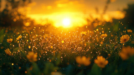 Canvas Print - sunset with grass and flowers