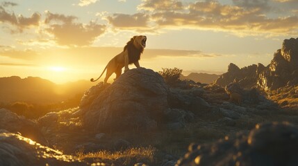 Wall Mural - Roaring lion stands atop a rocky hill at sunset