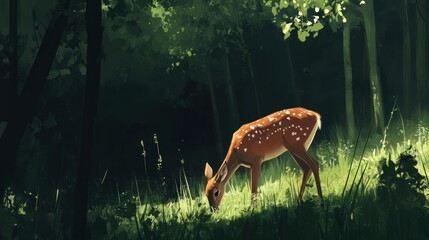 Poster - Deer grazes in the forest illuminated by sunlight filtering through trees