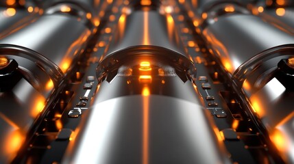 Poster - Abstract arrangement of metallic cylinders highlighted by orange light