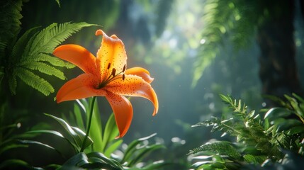 Poster - Vibrant orange tiger lily blossom shines in lush greenery