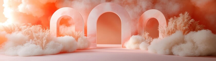 Aufkleber - Three pink arches with fluffy clouds and floral arrangements