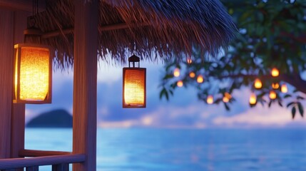 Poster - Illuminated lanterns adorn a tropical beachside gazebo at dusk
