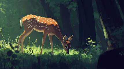 Poster - Spotted fawn grazes peacefully in a lush green forest scene