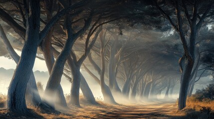 Poster - Trees line a misty path in an atmospheric forest
