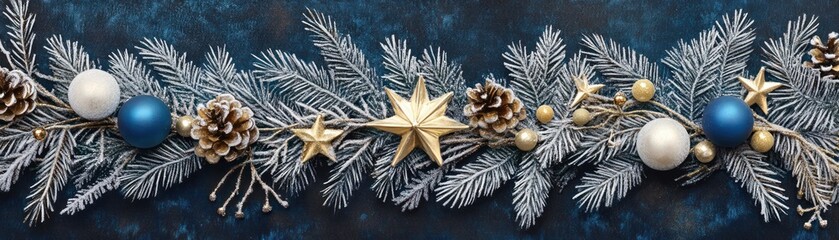 Aufkleber - Festive christmas garland with ornaments stars and pinecones arranged beautifully
