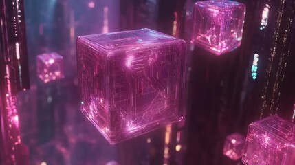 Poster - Futuristic floating translucent pink cubes in a dark abstract landscape