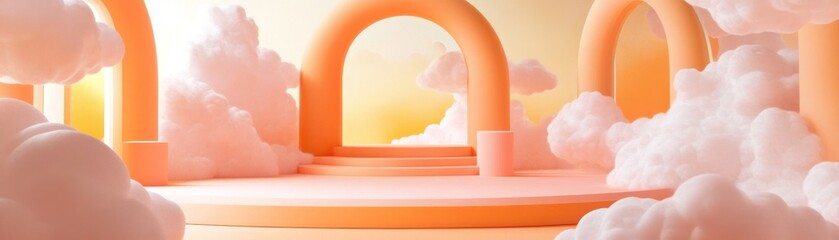 Poster - Dreamy peach platform surrounded by white fluffy clouds and arches