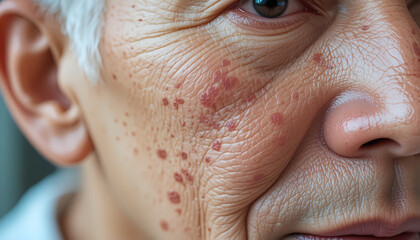 Close-up of an elderly man's skin displaying age spots and natural pigmentation variations, emphasizing dermatological health and skincare awareness.