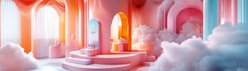 Poster - Dreamy pink interior with arches clouds and cosmetic displays