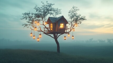 Wall Mural - Enchanting treehouse aglow with warm lanterns in tranquil twilight setting