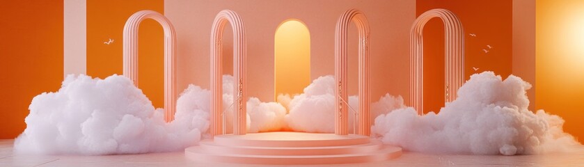 Poster - Dreamy orange stage with clouds and arches backdrop elements