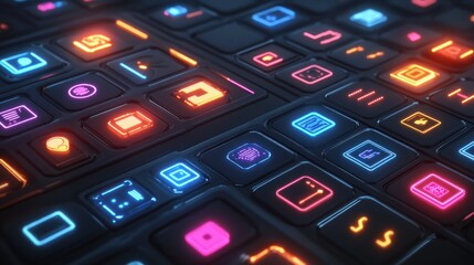 Poster - Array of futuristic buttons with colorful glowing neon icons