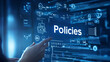 © suldev - Policy documentation and compliance concept. A person reviews digital document labeled 'Policies' with icons, checklists, certifications, and financial detail. policy management, regulatory compliance