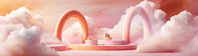 Poster - Dreamy scene with platforms arches and clouds in pastel shades