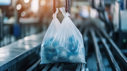 Poster - Two plastic bags filled with blue items hang from machine