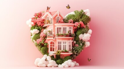Poster - Pink dream house surrounded by nature forming a heart shape