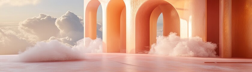 Poster - Dreamy architecture features peach arches with ethereal clouds and skies
