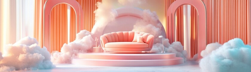 Poster - Surreal dreamscape featuring a peach sofa surrounded by clouds
