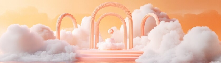 Poster - Dreamy cloudscape with arches and platform for product display