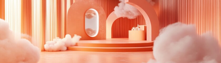 Poster - Elegant peach studio backdrop featuring clouds platforms and shapes
