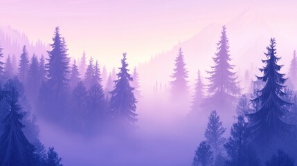 Canvas Print - Misty purple forest with tall trees and soft lighting