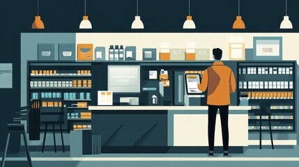 Poster - Person with tablet stands at a counter in a store