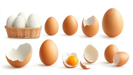 Chicken Eggs Collection: A comprehensive collection showcasing whole eggs, cracked eggs, and a broken egg revealing a vibrant yolk, perfect for culinary, baking, or agricultural projects.  