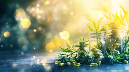Aufkleber - Cannabis capsules and leaves are placed in glass jars