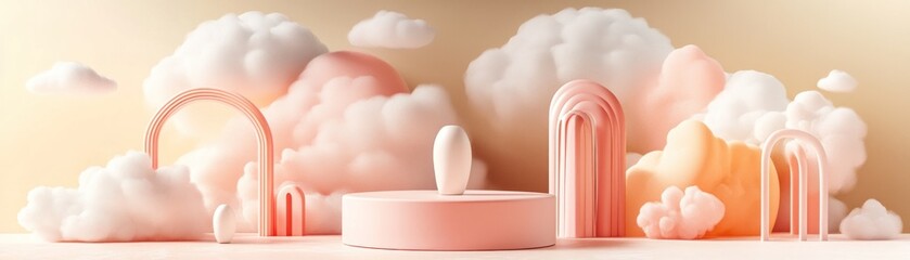 Poster - Pastel abstract product display with clouds and geometric shapes