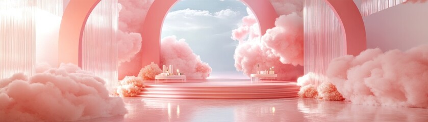 Poster - Pink arches frame cloudscape with podiums and cosmetics displays