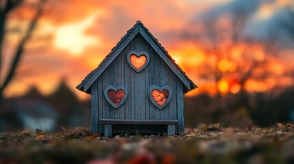 Poster - Small wooden house with heart shaped windows at sunset