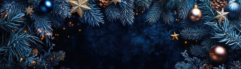 Aufkleber - Christmas background with blue pine ornaments and golden lights