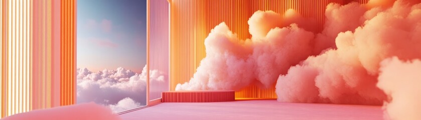 Poster - Dreamy indoor scene featuring fluffy clouds and colorful backdrop